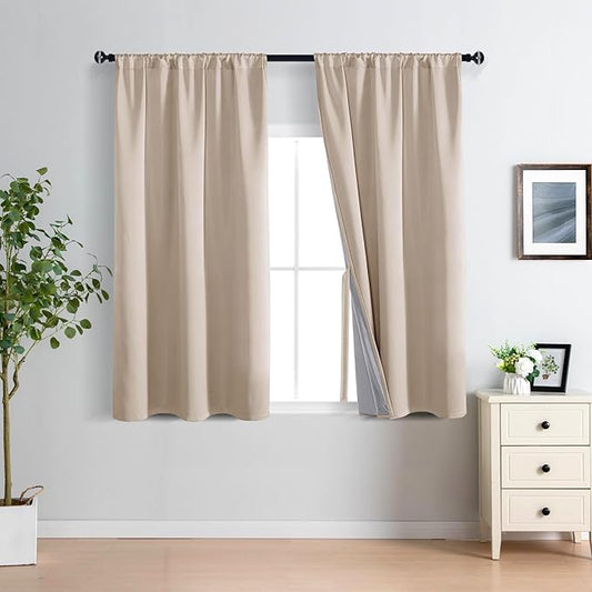 XWZO 100% Blackout Curtain Panels Rod Pocket Thermal Insulated Black Liner Curtains, Noise Reducing and Heat Blocking Drapes for Window Curtains with Tiebacks, Biscotti Beige, W42 x L54, Set of 2