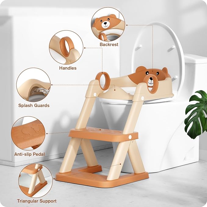 Potty Training Seat, Upgrade Toddler Toilet Seat for Kids Boys Girls, 2 in 1 Potty Training Toilet for Kids, Splash Guard Anti-Slip Pad Step Stool（Brown）