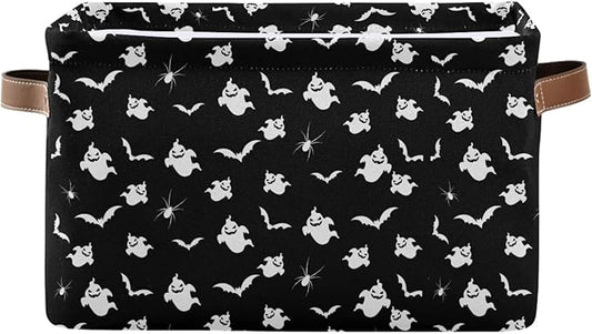 Storage Basket Bin Halloween Ghost and Bat Organizer Basket Collapsible Shelf Basket Cube with handle for Nursery Bedroom Bathroom (white 26)