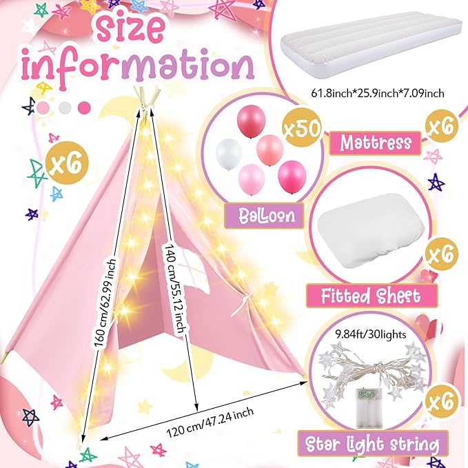 6 Pack Sleepovers Teepee Tent for Kids Bulk with Mattress Sheet Light,Natural Cotton Washable Indoor Play Tent for Birthday Slumber Party Girls Boys Pajama Movie Night Supplies(Pink, Purple, White)