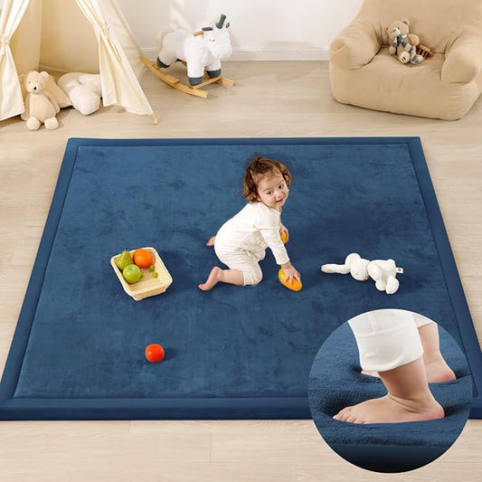 Ultra Soft Baby Play Mat,79"×79" Extra Large Activity Tummy Time Mat for Toddlers,Infants,Kids,1.3" Thick Elasti-Foam Nursery Rug for Floor,Non-Slip Safe for Crawling,Water-Repellent(Royal Blue)
