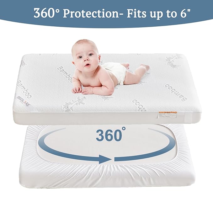 BEDLORE Waterproof Crib Mattress Protector 2 Pack, Ultra Soft Bamboo Viscose Crib Mattress Pad Cover, Noiseless Toddler Mattress Protector for Standard Baby Bed Size 52''x28'', White