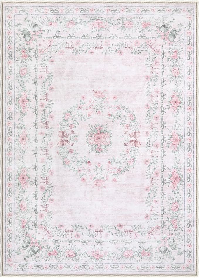 Wonnitar Floral Bow Pink Rug for Bedroom, Washable 5x7 Area Rug for Girls Nursery, Ultra-Thin Non Slip Soft Boho Carpet for Kids Room Dorm Living Room, Light Pink