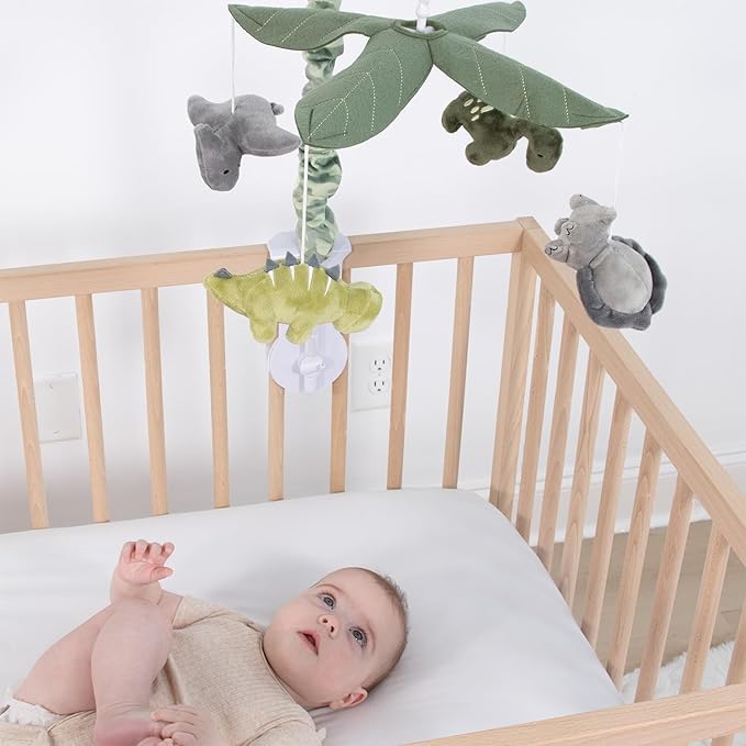 The Peanutshell Crib Mobile for Boys or Girls - Grey and Green Camo Musical Baby Crib Mobile with 12 Lullabies, Dino Baby Dinosaur Nursery Decor