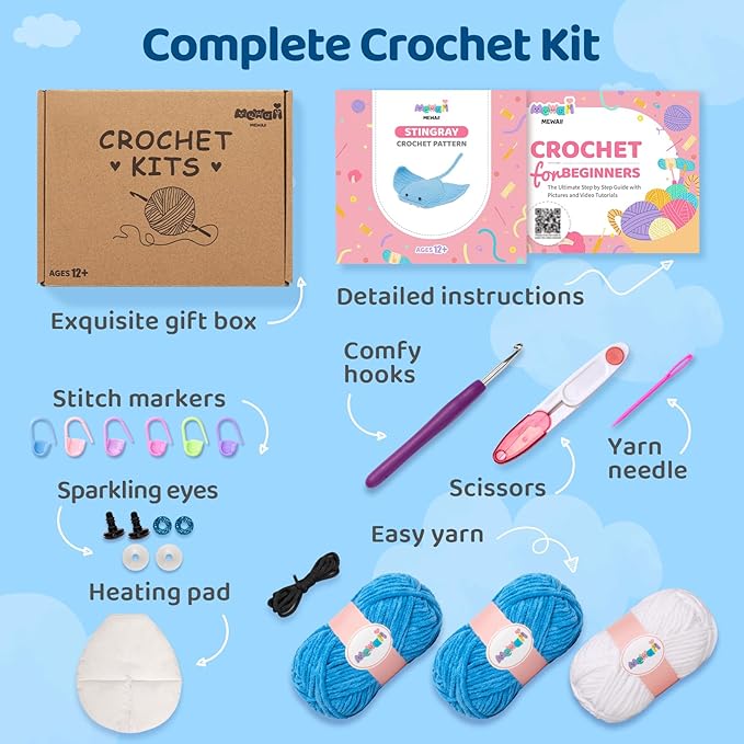 Mewaii Microwavable Heatable Manta Ray Crochet Kit for Beginners Level 2 with 40% Extra Eco-Friendly Pre-Started Easy Yarn, Step-by-Step Video Tutorials for Adults and Kids