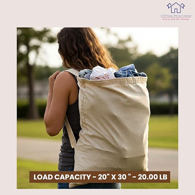 LFH Home Cotton Canvas Large Laundry Bag with Handle, Heavy Duty Drawstring Closure Washable Laundry Bags School Travel, Home, Hotel, College Dorm, Organizer Sack, Toys Clothes 20x30-Natural