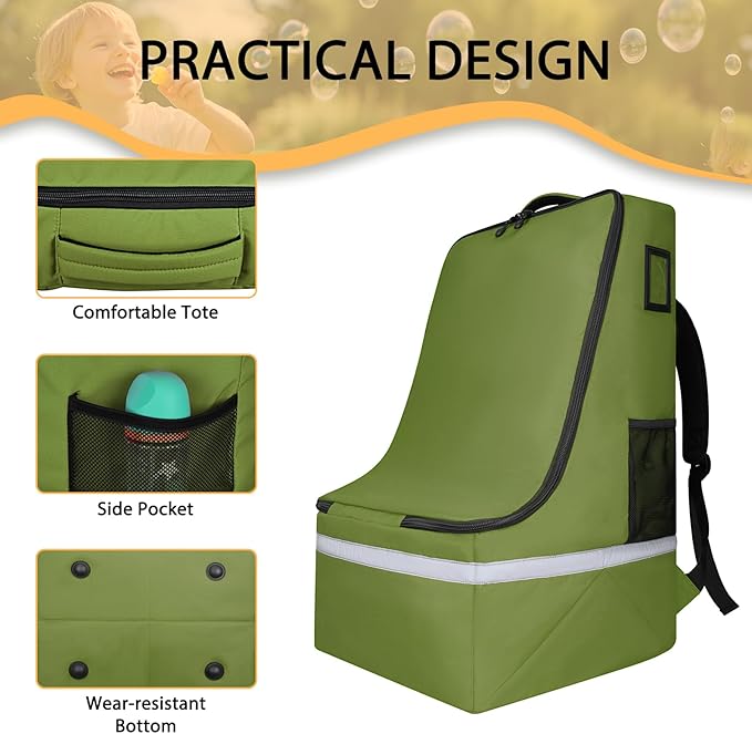 Car Seat Travel Bag for Airplane,Infant Seat Travel Bag with Shoulder Strap,Padded Car Seats Backpack with Reflective Stripes,Large Carseat Carrier Bag Travel Car Seat Cover,Green