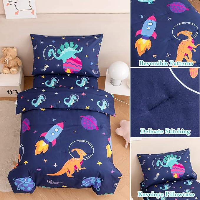 PERFEMET Toddler Bedding Set 4 Pieces Cartoon Dinosaur Planet Printed Bed in A Bag for Boys Girls Reversible Navy Blue Toddler Comforter with Sheet Set for All Season(Navy, Dinosaur/Planet/Rocket)