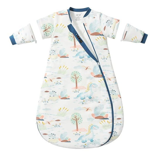 Baby Sleep Sack 3-6 Months, Cotton Detachable Long Sleeve Sleep Sack, 2.5 Tog Toddler Sleeping Sack with Temperature Strips, 2-Way Zipper Wearable Blankets for Newborns, Dinosaur