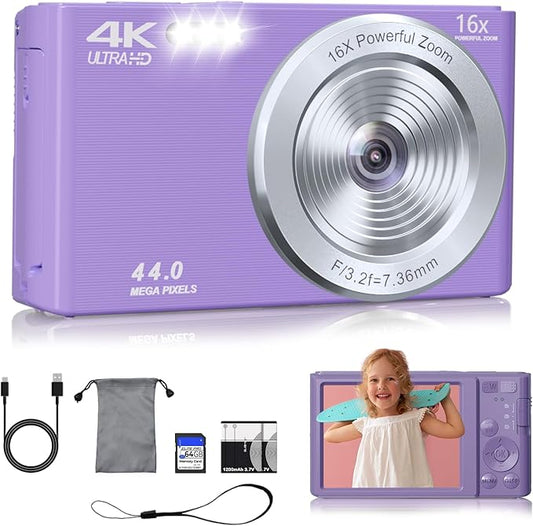 Digital Camera, 44MP FHD 4K Vlogging Camera for Kids Point and Shoot Cameras with 64GB Card, 16X Zoom Portable Compact Small Camera Gifts for Teens Boys Girls Adult Beginner