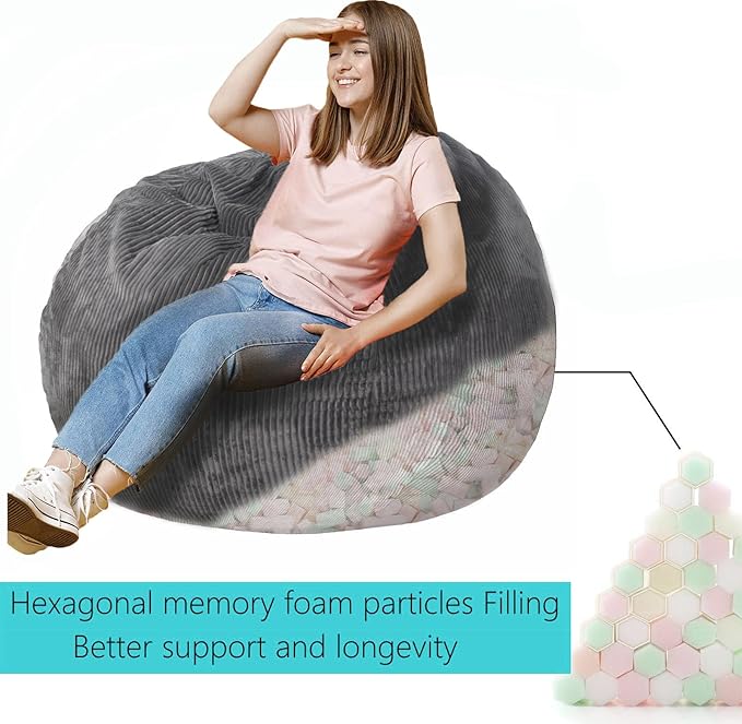 Bean Bag Chair with Faux Rabbit Fur Cover, 4 ft Giant Memory Foam Bean Bag Chairs for Adults/Teens with Filling,Ultra Soft Faux Fur Fabric, Round Fluffy Sofa