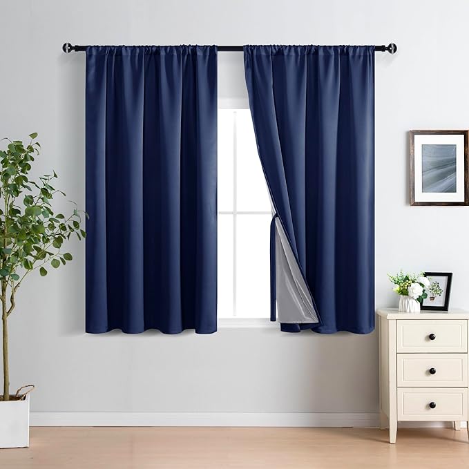 XWZO 100% Blackout Curtain Panels - Thermal Insulated Black Liner, Noise Reducing and Heat Blocking Rod Pocket Drapes for Hall and Studio Windows with Tiebacks, Navy Blue, W52 x L54, Set of 2
