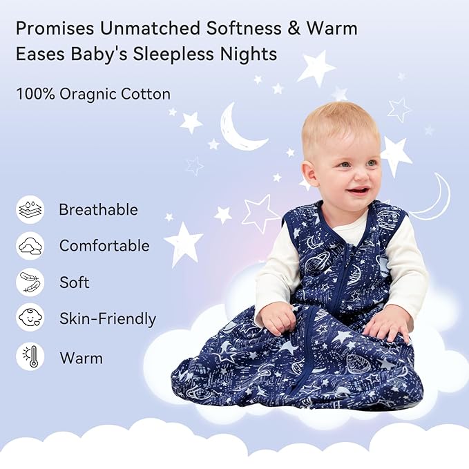 Baby Sleep Sack 18-24 Months 3 Pack 100% Cotton Lightweight 0.5 TOG Wearable Blanket Baby Sleep Bag with 2-Way Zipper for Infant Toddler Blue