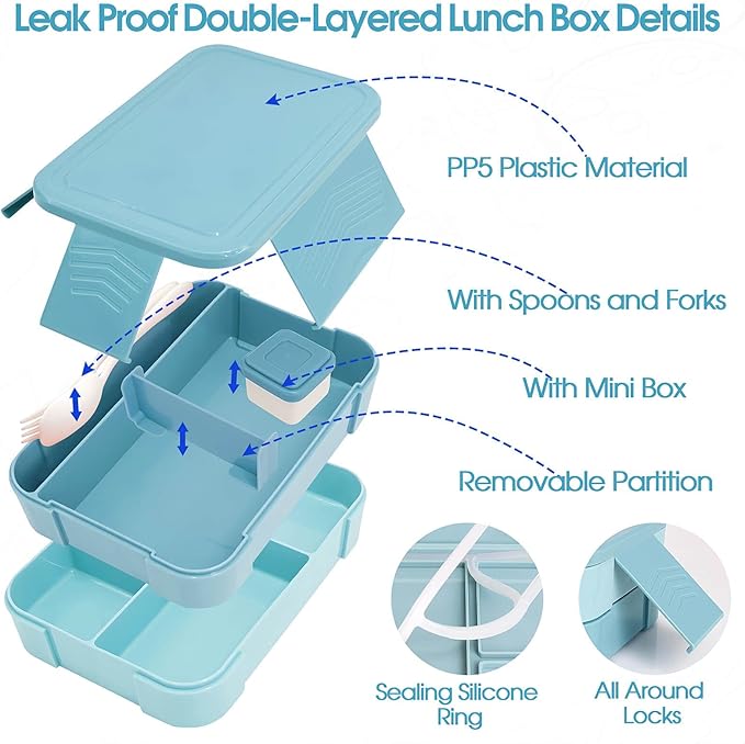 Kids Lunch Bag with 10oz Thermos, with 6 Compartment Bento Box, Blue Nylon Insulated Preppy Lunch Box Adjustable Strap Birthday Gift for Girl Kids Teens Picnic School Travel