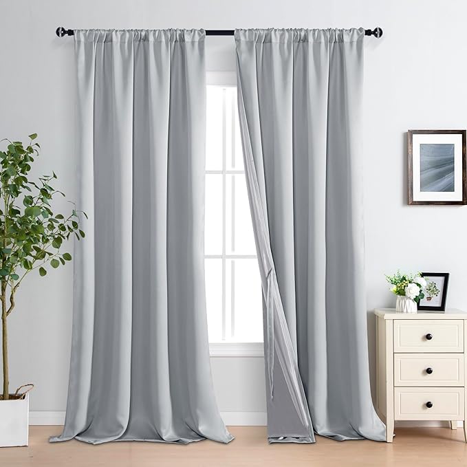 XWZO 100% Blackout Curtains 95 Inches Long with Tiebacks- Rod Pocket Privacy Protection & Noise Blocking Window Draperies with Black Liner for Bedroom/Living Room, Light Grey, W52 x L95, Set of 2
