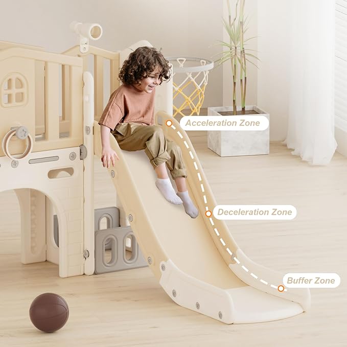 YUFU 8 in 1 Toddler Slide Set, Kids Slide for Toddlers Age 1-3, Toddler Playset with Climber, Basketball Hoop and Ball, Outdoor Indoor Playground for Toddlers 1-3 (Beige+Coffee)