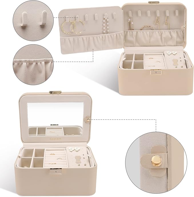 Upgraded Jewelry Box, 2 Layers PU Leather Jewelry Organizer for Women with Lock and Mirror, Hidden Necklace Hook and Removable Divider Large Capacity Travel Jewelry Box Ideal for Gift-With Gift Box