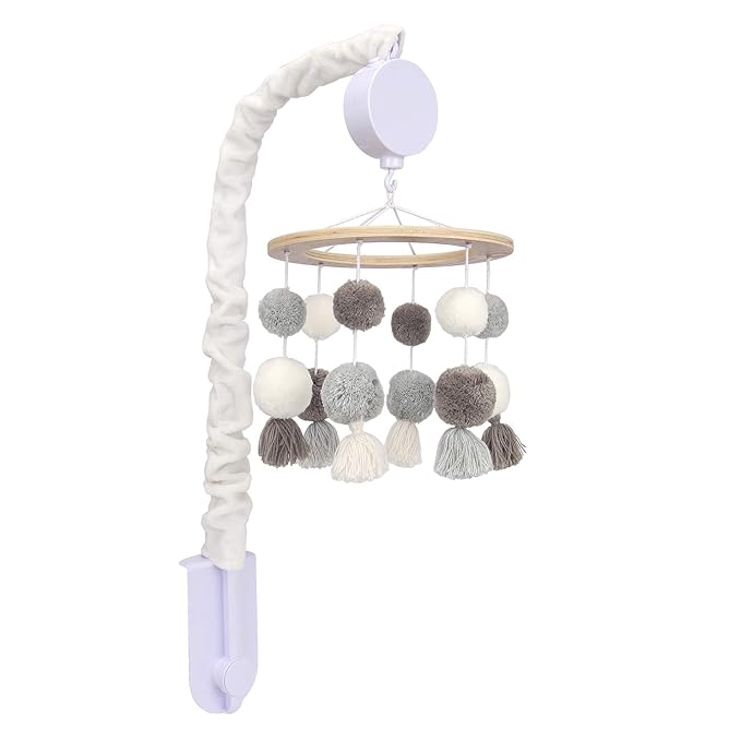 Lambs & Ivy Signature Pom Pom Musical Baby Crib Mobile - White/Gray