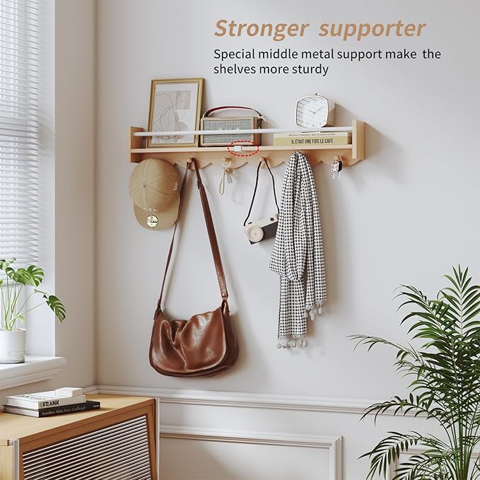 Nursery Bookshelves Wall Mounted，34inch，Set of 3, Floating Shelf Kids Coat Rack with 6Hooks,Hanging Shelf for Baby Nursery Room Décor, Patent Number: 29924445,Burlywood