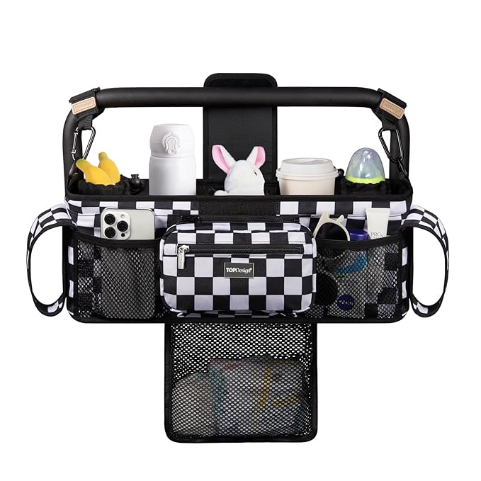 TOPDesign Universal Baby Stroller Organizer, Double Stroller Caddy with Detachable Mesh Bag & Heightened Insulated Cup Holders & Non-Slip Secure Hooks Accessories, Fits Most Strollers (Checkerboard)