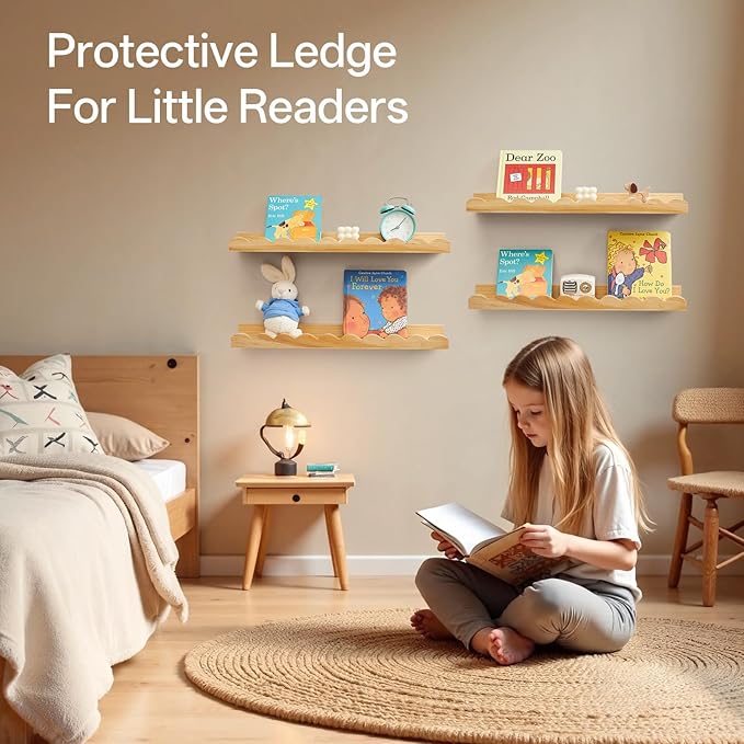 Scalloped Baby Book Shelf,Floating Shelves for Wall Set of 4 Natural Solid Pine Wood Nursery Bookshelves with Wave Lip for Bedroom Kids, Toddler Room, Baby Room, Nursery Decor(Natural,40cm)