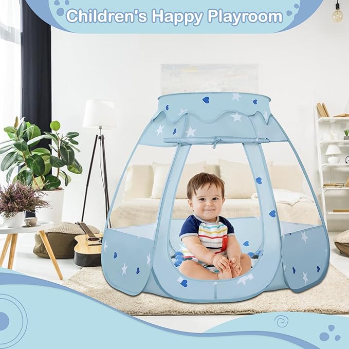 Baby Ball Pit for Toddler with 50 Balls, Kids Pop Up Play Tent for Girls, Princess Toys Gifts for Children Indoor & Outdoor Playhouse (Greyish-Blue: Gray/White/Babyblue, 109x90cm/50 Balls)