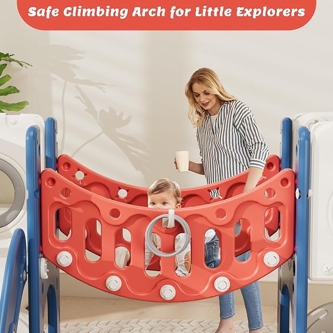 KORIMEFA 11 in 1 Toddler Slide and Swing Set, Kids Slide for Toddlers, Outdoor Indoor Playground for Toddlers 1-3, Toddler PlaySet with Basketball Hoop and Ball Golf Set, Climbing Arch(Red & Blue)