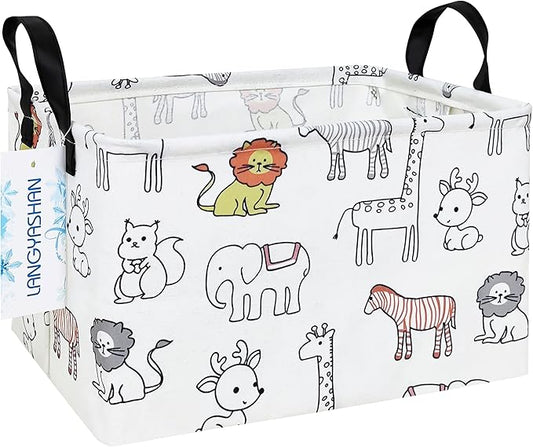 LANGYASHAN Rectangular Storage Bin Collapse Canvas Fabric Cartoon Storage Basket with Handles for Organizing Home Kitchen Boys and Girls Toys Office Closet Shelf Baskets (Rec Simplified Zoo)