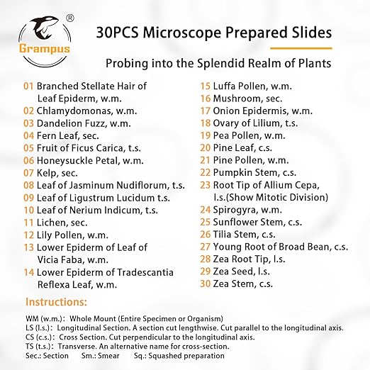 30 Prepared Microscope Slides with Specimens for Kids Students - Plants, for Biological Science Lab, Children's Science Education, Homeschooling Use