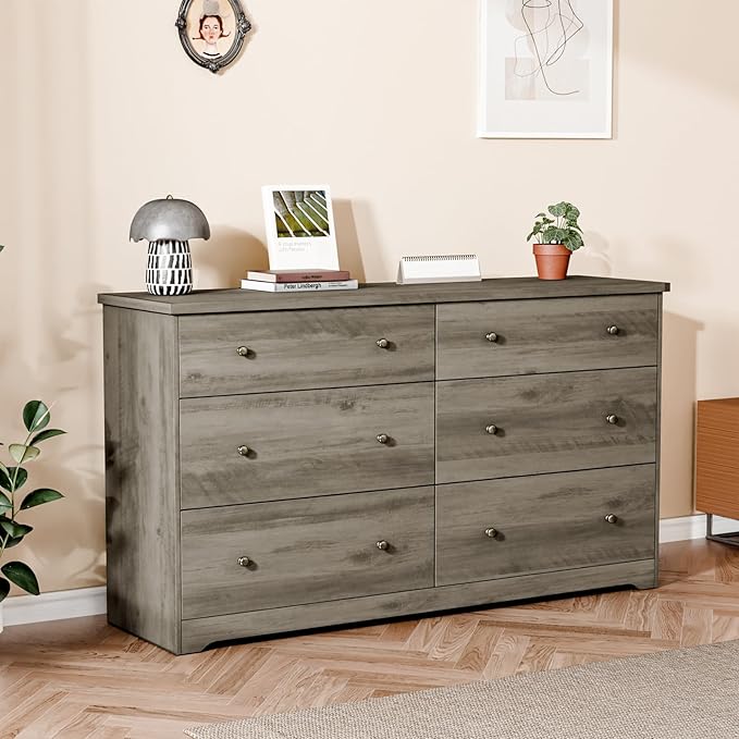 VINGLI 59" Long Dresser 6 Drawer, Grey Large Dresser for Bedroom, Rustic Gray Chest of Drawers, Farmhouse, 59" W x 15.75" D x 32" H