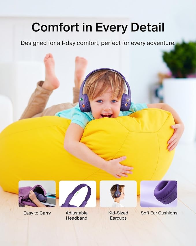 Belkin SoundForm Mini - Wireless Bluetooth Kids Headphones, 30H Battery, 85dB Safe Volume Limit, Built-in Microphone - Toddler On-Ear Earphones for iPhone, iPad, Fire Tablet, Ideal for School - Purple