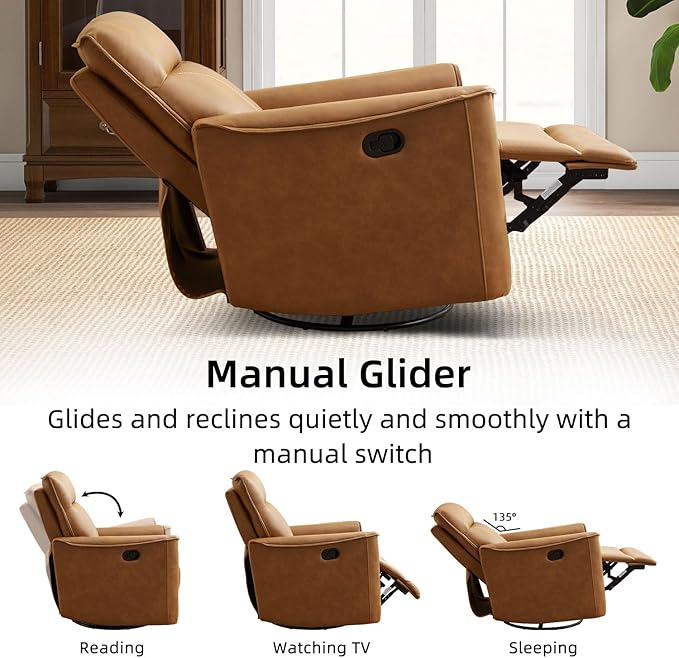 Swivel Rocker Recliner, Glider Rocking Chair, Nursing Chairs Swivel Glider Recliners with Soft Backrest, Leathaire Manual Reclining Sofa for Living Room Bedroom Apartment, Brown