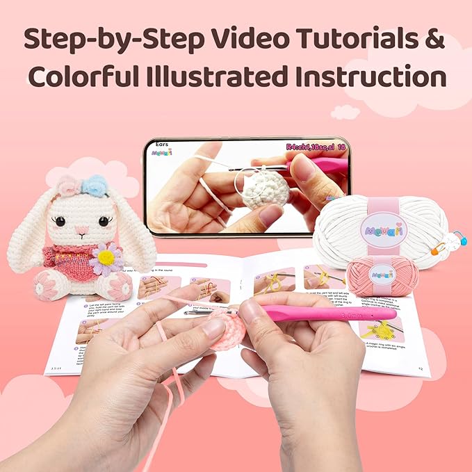 Mewaii Crochet Kit for Beginners Level 1 with 40% Extra Eco-Friendly Pre-Started Easy Yarn, Step-by-Step Video Tutorials for Adults and Kids (Sitting Bunny)