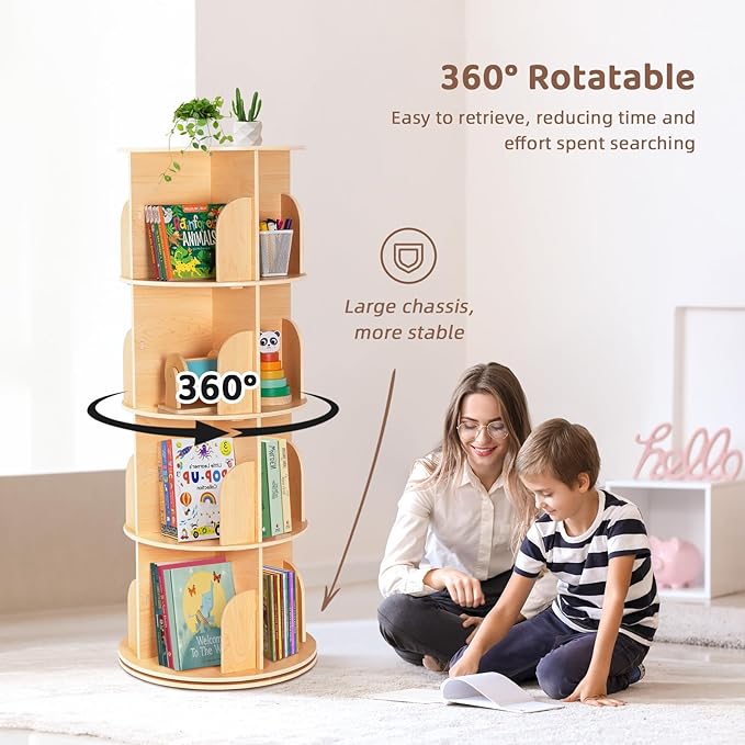 OOOK Rotating Bookshelf for Kids & Adults, Spinning Bookshelf Tower with Large Capacity for Small Space, 360° Display 4 Tier Floor Small Round Corner Shelf for Library, Bedroom, Living Room, Office
