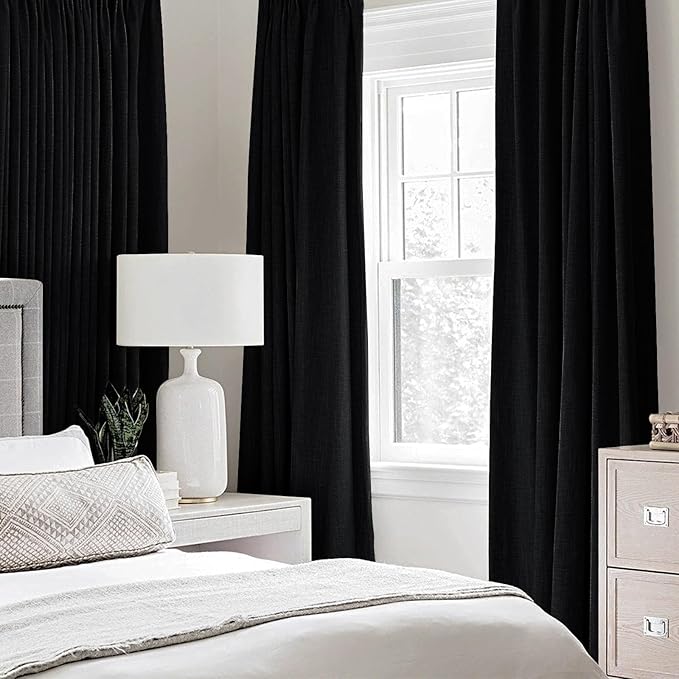 MIULEE Linen Texture Curtains for Bedroom Solid 100% Blackout Thermal Insulated Halloween Black Curtains Grommet Room Darkening Drapes for Living Room Nursery 52x84 Inch (2 Panels)