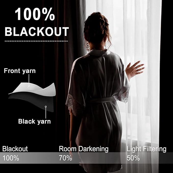 XWZO 100% Blackout Curtains 45 Inches Length with Tiebacks- Rod Pocket Full Shade Window Drapes Thermal Insulated Double Layer with Black Liner for Bedroom/Living Room, Black, W42 x L45, Set of 2