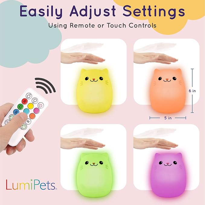 Lumipets Remote Control Silicone Night Light for Kids - Cat Design with 9 Soft Colors & Sleep Timer - Rechargeable, Battery-Operated Lamp for Bedroom | Baby Nursery, Toddler, Girls, Boys
