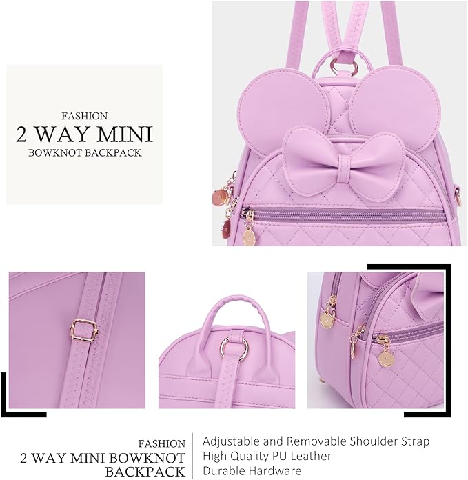 KL928 Girls Bowknot Polka Dot Cute Mini Backpack Small Daypacks Convertible Shoulder Bag Purse for Women