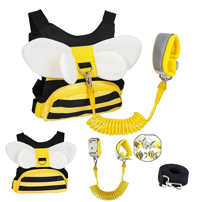 Toddler Harness with Anti Lost Wrist Link - 3-in-1 Baby Safety Leash Backpack, Adjustable Kids Walking Belt with Pocket,Child Locking Wristband for Boys & Girls for Outdoor Travel, Yellow Bee