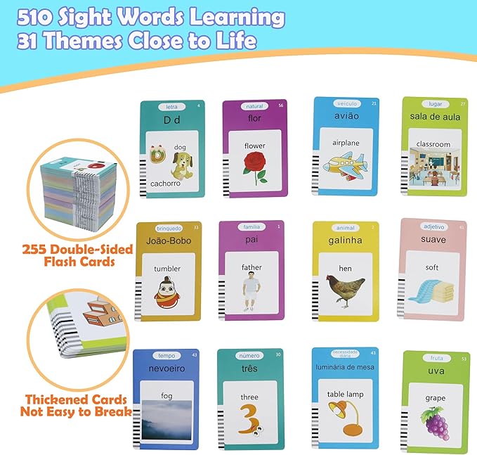 MAYAPHILOS 510 Sight Words Brazilian Portuguese and English Talking Flash Cards, Learn Portuguese for Kids Portuguese Language Learning Speech Therapy Toys for Toddlers