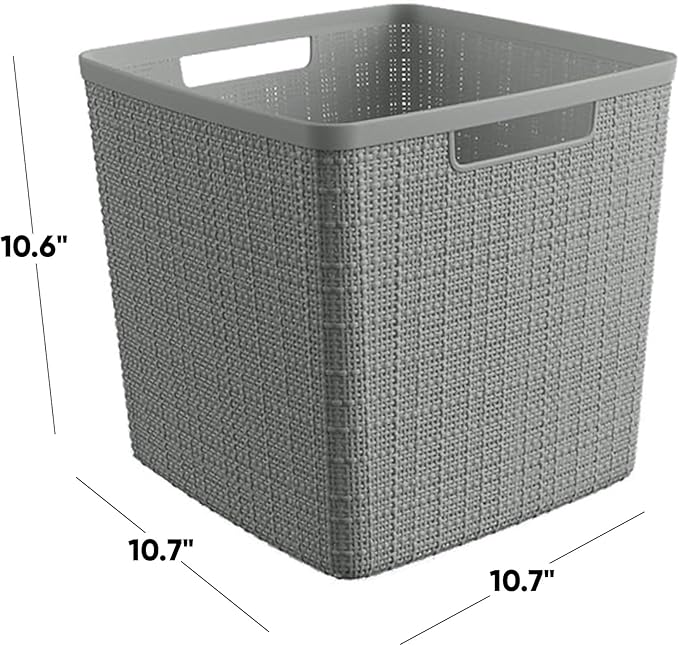 Curver Set of 4 Jute Large Cube Decorative Plastic Organization and Storage Baskets, Perfect Bins for Home Office, Closet Shelves, Kitchen Pantry and All Bedroom Essentials, Grey