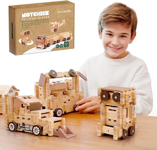 Jovi-mindly＆Notchies Wooden Blocks Train Set 101 PCS Create 40+ Shapes,Toys Educational Wooden Building Blocks Puzzles for Kids Ages 5-8 Boys and Girls,Truck/Excavator,FSC Certified,Graduate Gifts