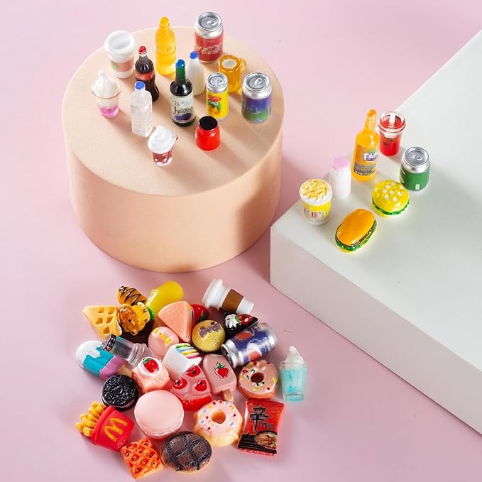 50 Pcs Miniature Food Drink Bottles Soda Pop Cans Pretend Play Kitchen Game Party Accessories Toys Hamburg Cake Ice Cream for 1/12 Doll House (25Food+25Drink)