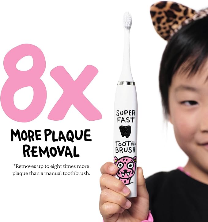 Kids Electric Toothbrush - Rechargeable Vibrating Toothbrush with Timer, Includes 6 Replacement Heads, Gently Cleans Teeth, for Girls and Boys, Kids & Toddlers Age 2+, Cheetah