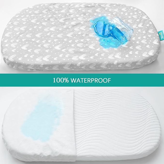 Waterproof Bassinet Sheets Fit for Halo, Dream on Me, Ingenuity, Fisher Price, Delta, Graco and Other Oval Bassinet Mattress, 2 Pack, 100% Cotton, Ultra Soft, White Grey Star Print for Baby