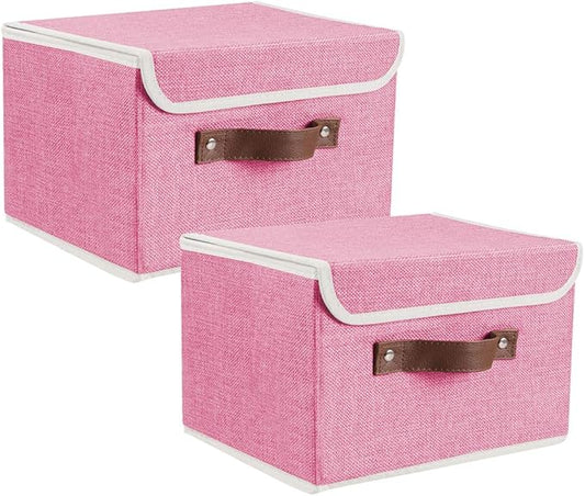 Lucky Monet Storage Bins Boxes with Lids 2 Pack Decorative Storage Boxes Collapsible Fabric Storage Basket Containers Lidded Storage Cube for Organizing Closet Home Office, 15"x 10"x 10" (Pink)
