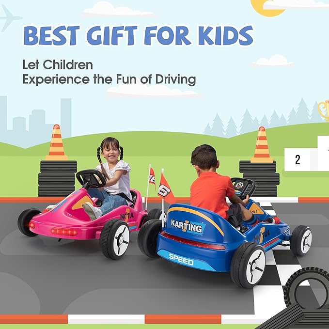 TOBBI 12V Electric Go Kart for Kids Battery Powered Ride on Car Outdoor Race Toy with Remote Control, Safety Belt, Music, LED Lights and Flags for Toddlers 3-8 Years, Blue