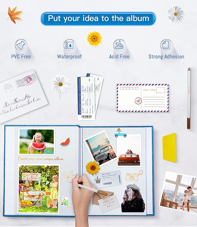 popotop Photo Album Self Adhesive with Picture Display Window,60 Pages DIY Scrapbooking Supplies Kit for 4x6 10x12 Picture,Linen Cover Memory Book for Baby Wedding, with Scraper and Metallic Pen