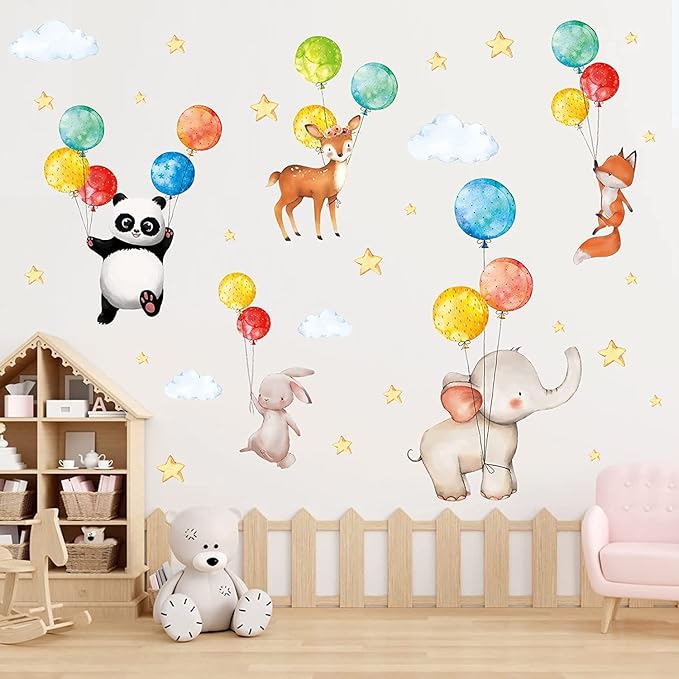 TOARTi Cartoon Animals Wall Stickers, Colorful Balloon Wall Decals, Watercolour Stickers for Baby Room, Adorable Animals Panda Elephant Fox Rabbit Stickers for Kids Bedroom Nursery Wall Decoration