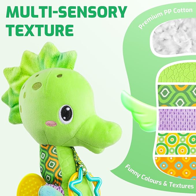 Sumobaby Infant Baby Musical Stuffed Animal Activity Soft Toys with Multi-Sensory Crinkle, Rattle and Textures, for Tummy Time Newborn 0-3-6-12 Months Boys, Girls, Seahorses, Green